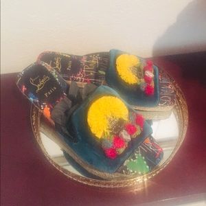 Christian Louboutin Teal Velvet Slide Sandals